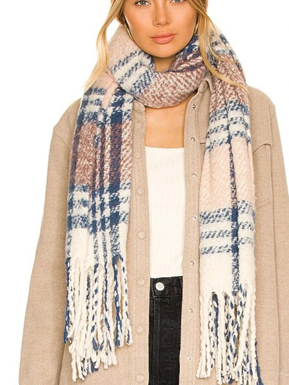 Free People Homecoming Plaid Blanket Scarf In Mushroom One Size